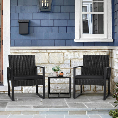 3 Pieces Outdoor Patio Wicker Furniture Set, Modern Rattan Chair Conversation Sets with Coffee Table for Yard and Bistro (Black)