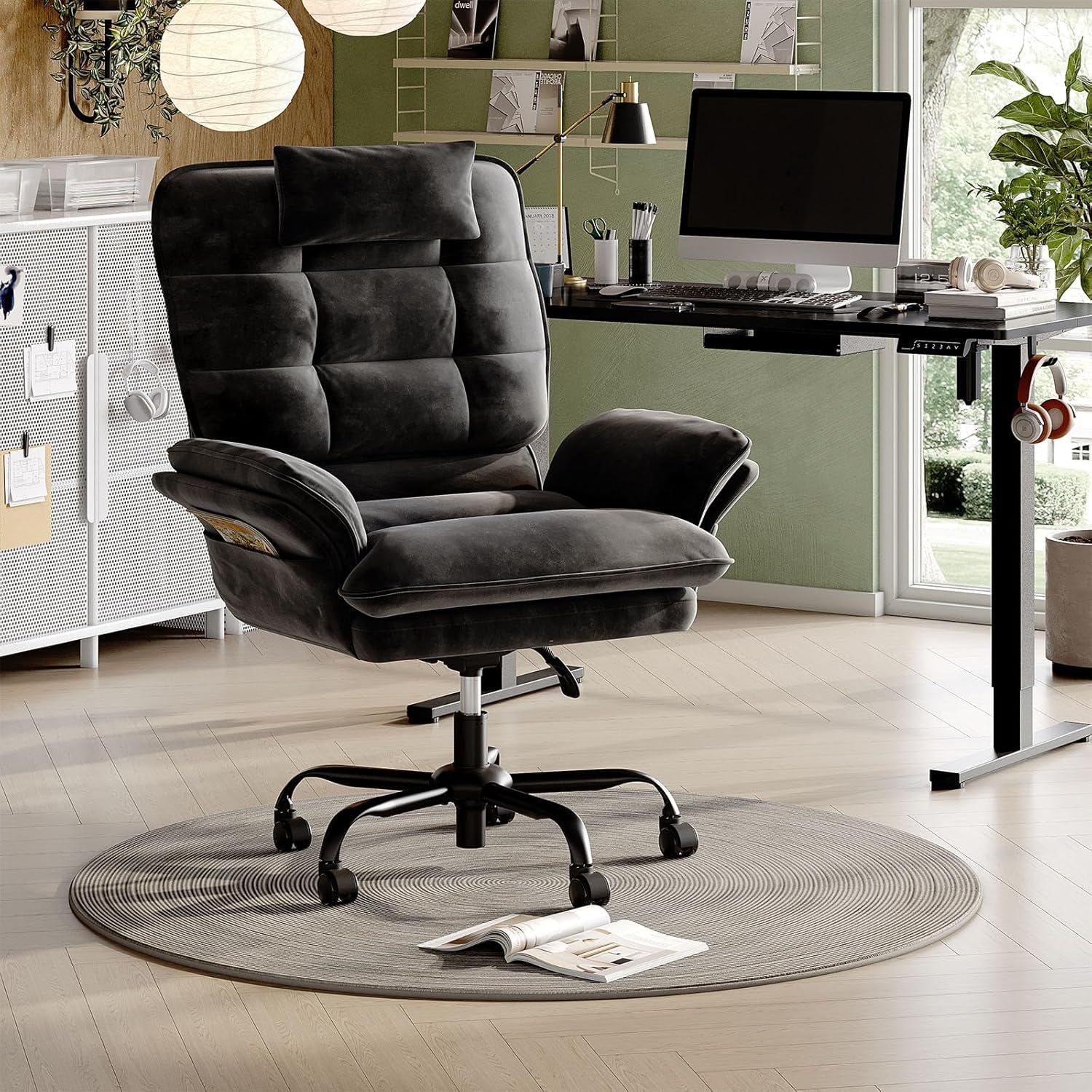 Cross Legged Office Chair, Criss Cross Chair with Adjustable Arms, 135° Reclining Velet Executive Chair with Wheels, Big and Tall Computer Desk Chair for Home, Office - Black