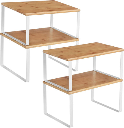 Cabinet Organizer Shelf, Set of 4 Kitchen Counter Shelves, Kitchen Storage, Spice Rack, Stackable, Expandable, Metal and Engineered Wood, Cloud White and Natural Beige UKCS010N01