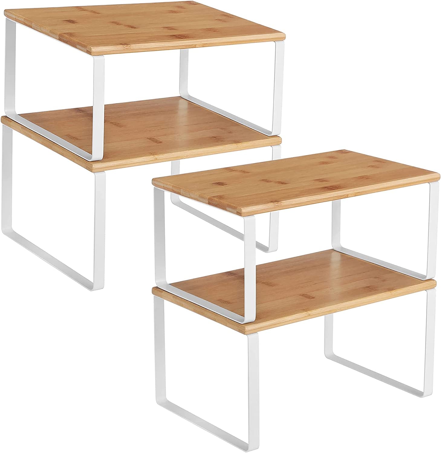 Cabinet Organizer Shelf, Set of 4 Kitchen Counter Shelves, Kitchen Storage, Spice Rack, Stackable, Expandable, Metal and Engineered Wood, Cloud White and Natural Beige UKCS010N01