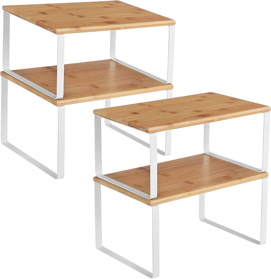 Cabinet Organizer Shelf, Set of 4 Kitchen Counter Shelves, Kitchen Storage, Spice Rack, Stackable, Expandable, Metal and Engineered Wood, Cloud White and Natural Beige UKCS010N01