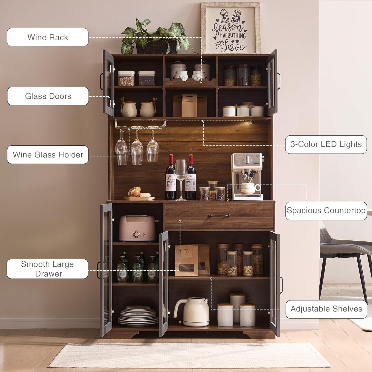 71" Tall Pantry Cabinet, Coffee Bar Storage Cabinet with Charging Station & LED Lights, Kitchen Hutch Food Pantry Cabinet with Wine Rack, Large Drawer, Adjustable Shelves & Microwave Stand, Brown | Coffee Bar, Liquor Cabinet, Power Outlet, LED Lights, Food Pantry, Microwave Stand