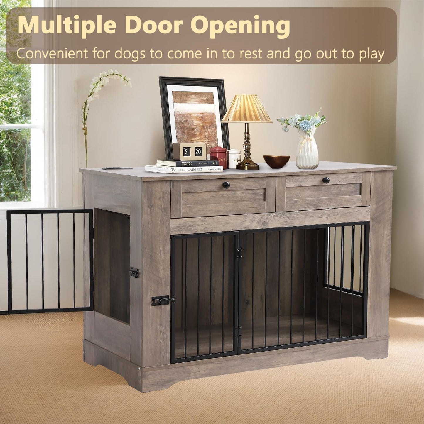 Large Dog Crate Furniture-Decorative Heavy Duty Dog Cage Indoor, Wooden Dog Cage End Table with Charging Station, Dog House with 2 Drawers (Gray, 47.2''L)