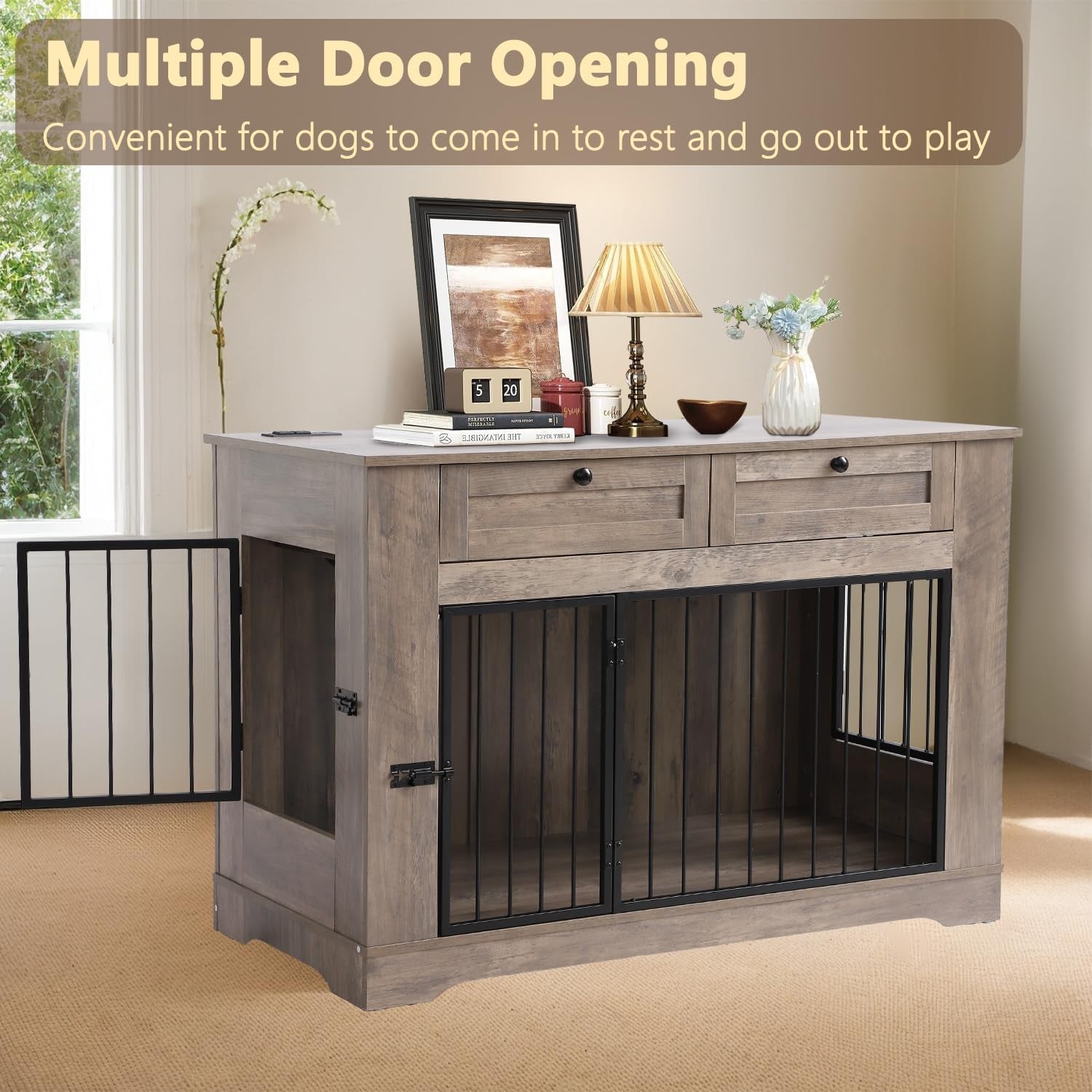 Large Dog Crate Furniture-Decorative Heavy Duty Dog Cage Indoor, Wooden Dog Cage End Table with Charging Station, Dog House with 2 Drawers (Gray, 47.2''L)