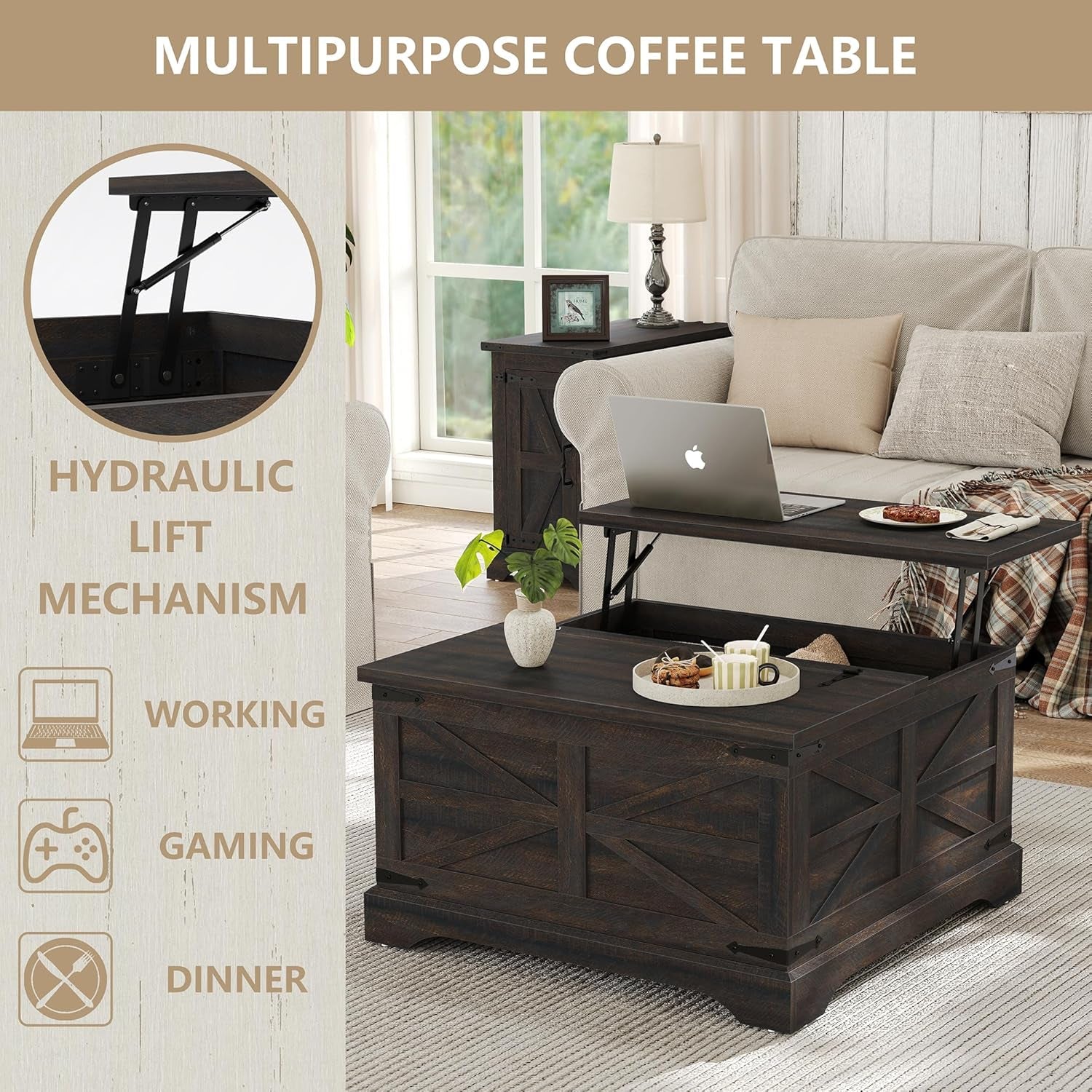 Square Coffee Table with Storage Farmhouse Coffee Table with Lifting Top Modern Wood Center Table for Living Room Home Office, Dark Brown