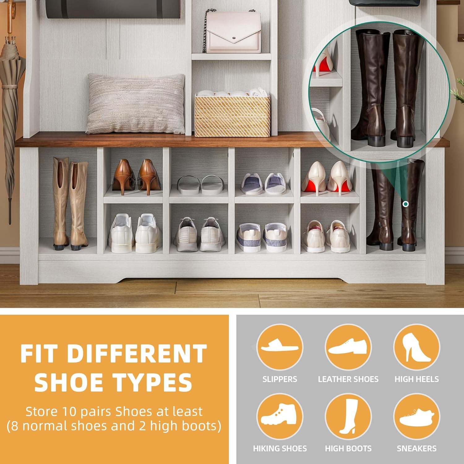 59" Wide Hall Tree with Bench and Storage for Hallway Entryway, 10 Shoe Cubbies & 10 Coat Hooks, 4-Tier of Center Storage Open Cabinets, Coat Rack with Space for Bedroom Living Room (White)