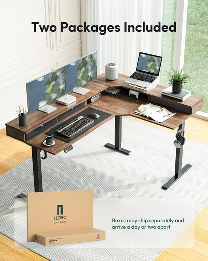 L Shaped Electric Standing Desk, 63X48 Inch Large with Drawers | Reversible Tabletop, 2 Memory Height Settings | Home Office & Gaming Height-Adjustable Table, Black Walnut（2 Packages）