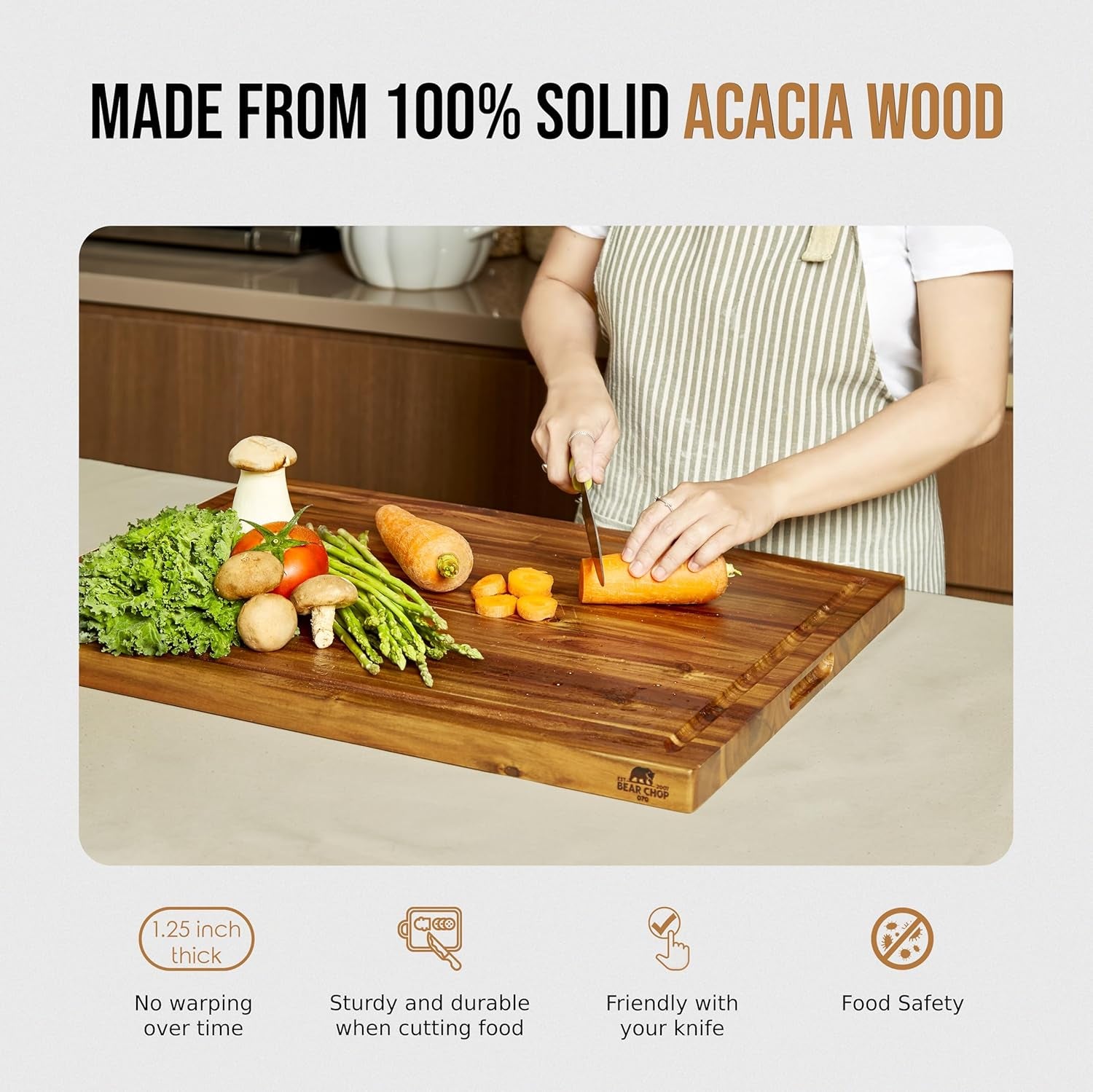 Bearchop Acacia Wood Cutting Boards for Kitchen, [24" X 18" X 1.25"] Extra Large Edge Grain Cutting Boards, Solid Acacia Wood Butcher Block Cutting Board with Deep Juice Grooves and Handle
