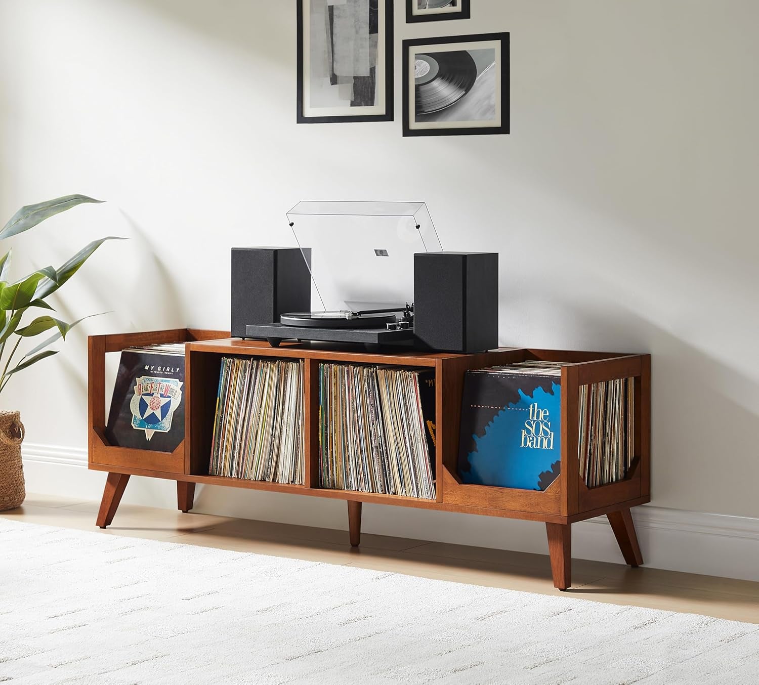 Asheville Mid-Century Modern Media Console Record Player Stand, Storage for Vinyl Records, Walnut