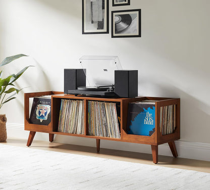 Asheville Mid-Century Modern Media Console Record Player Stand, Storage for Vinyl Records, Walnut