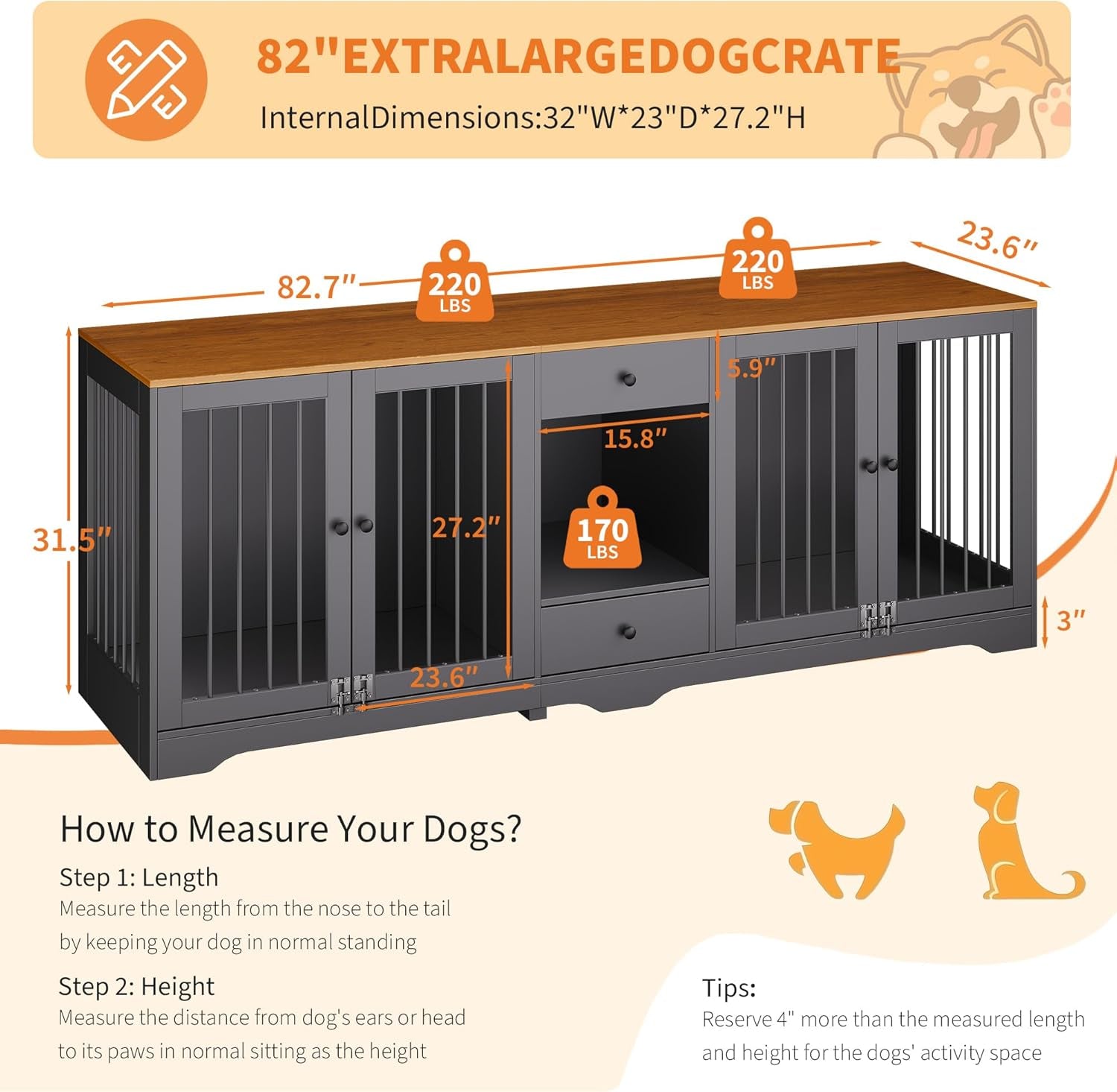 Large Dog Crate Furniture with Secure Locking Latches, 82" Wooden Dog Kennel Furniture with Double Doors, Drawers & 4 Bowls, Heavy-Duty Metal Bars Decorative Pet House for Living Room, Black