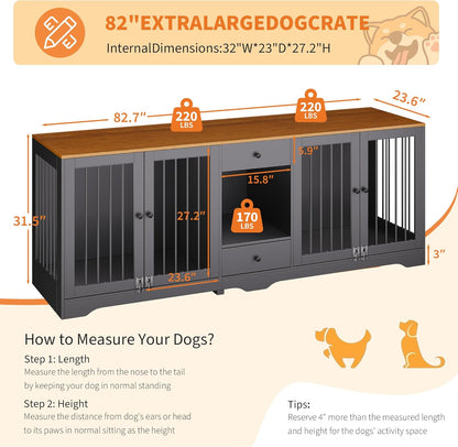 Large Dog Crate Furniture with Secure Locking Latches, 82" Wooden Dog Kennel Furniture with Double Doors, Drawers & 4 Bowls, Heavy-Duty Metal Bars Decorative Pet House for Living Room, Black