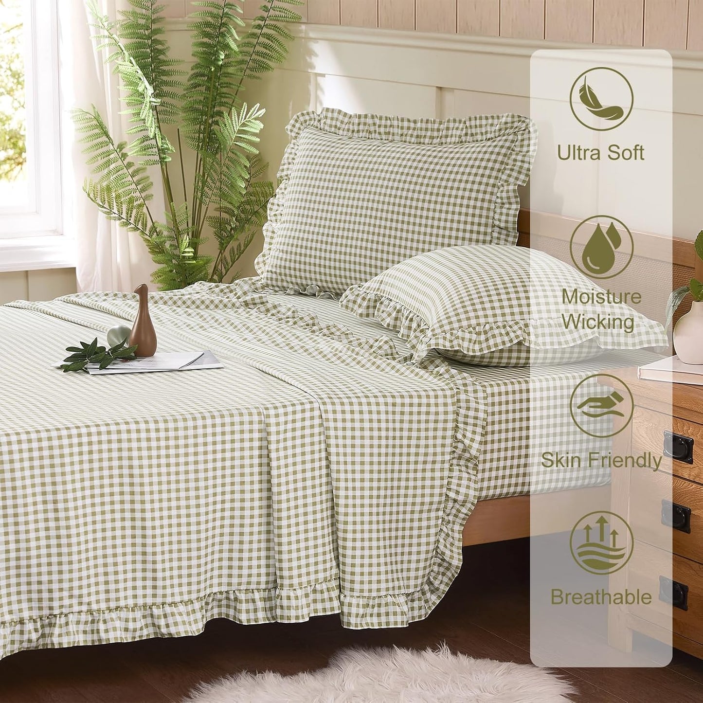 Gingham Queen Sheet Set, Lightweight Super Soft Brushed Microfiber Plaid Bed Sheets with 16" Deep Pocket, 4 Piece Ruffle Farmhouse Bedroom Decor, Sage Green