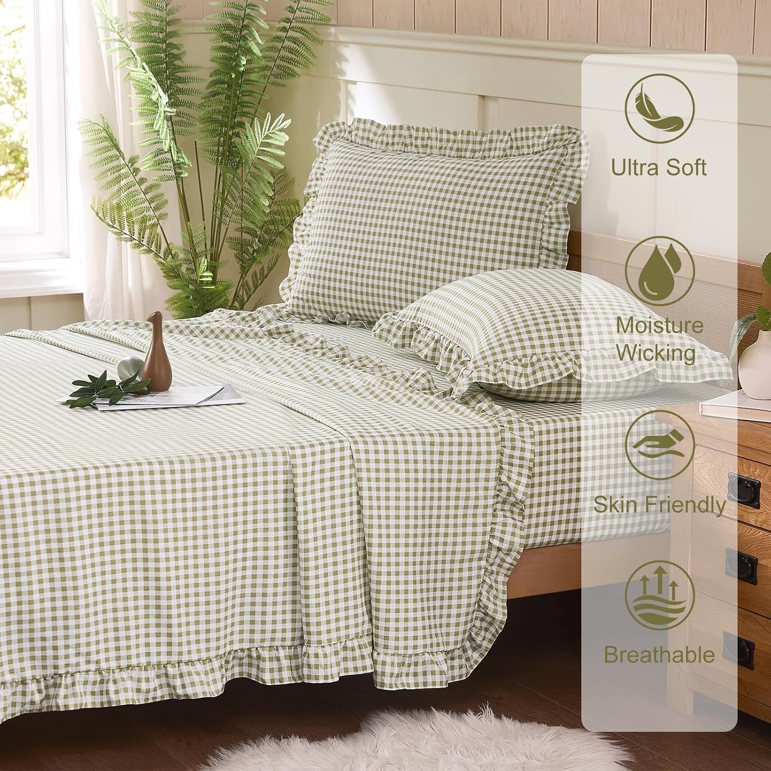 Gingham Queen Sheet Set, Lightweight Super Soft Brushed Microfiber Plaid Bed Sheets with 16" Deep Pocket, 4 Piece Ruffle Farmhouse Bedroom Decor, Sage Green