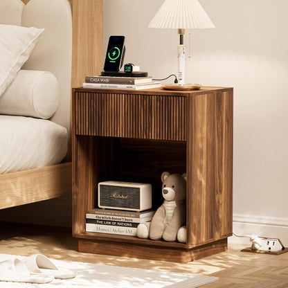 Fluted Nightstands Set of 2, Night Stand with Charging Station, Modern Bed Side Table with Drawer and Storage Shelf, Wood Mid Century End Table for Bedroom Living Room (Walnut)