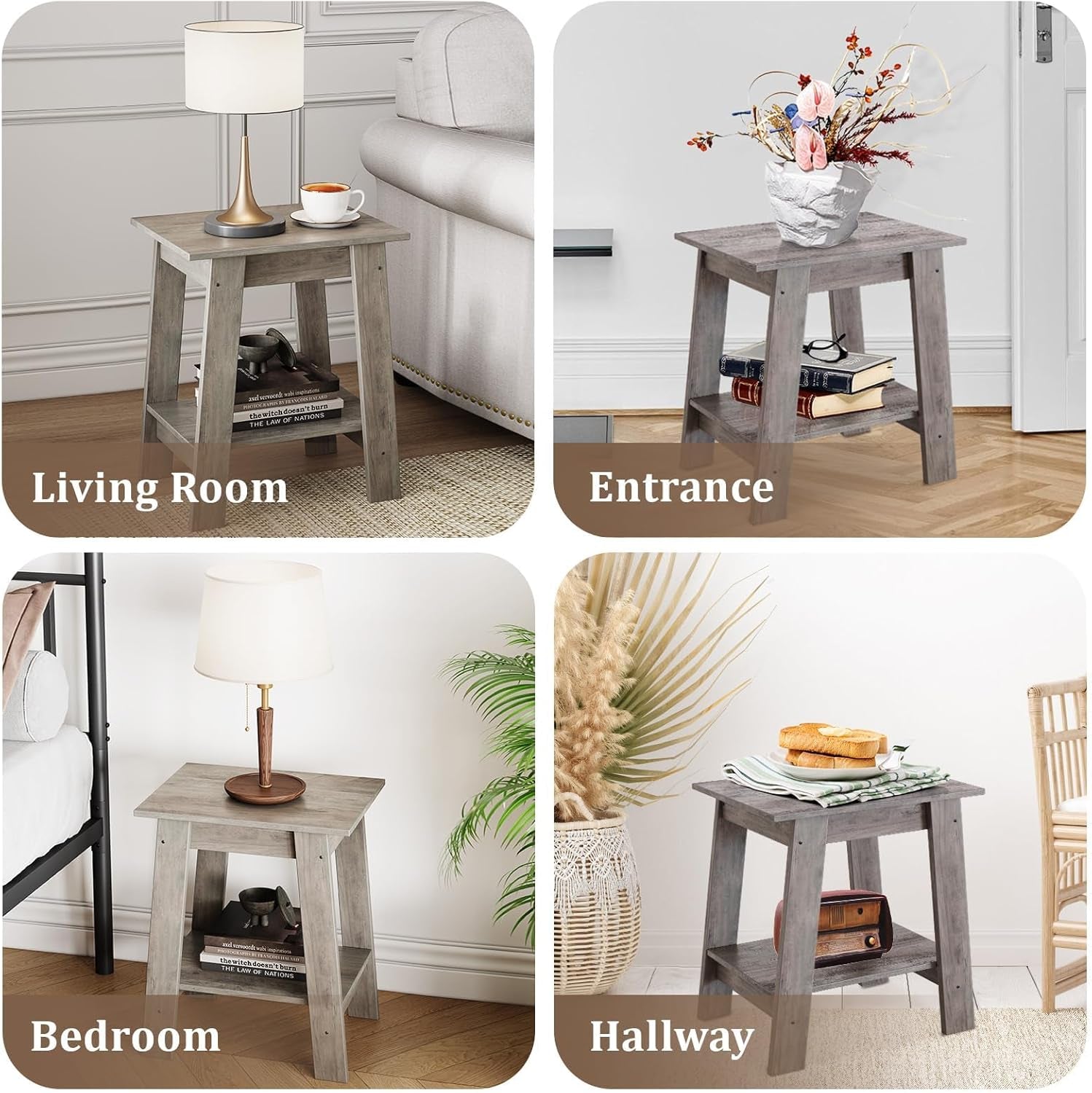 Farmhouse End Table with Storage Shelf - Rustic 2-Tier Side Table, Narrow Nightstand & Small Coffee Table for Living Room, Bedroom, Apartment (Grey)
