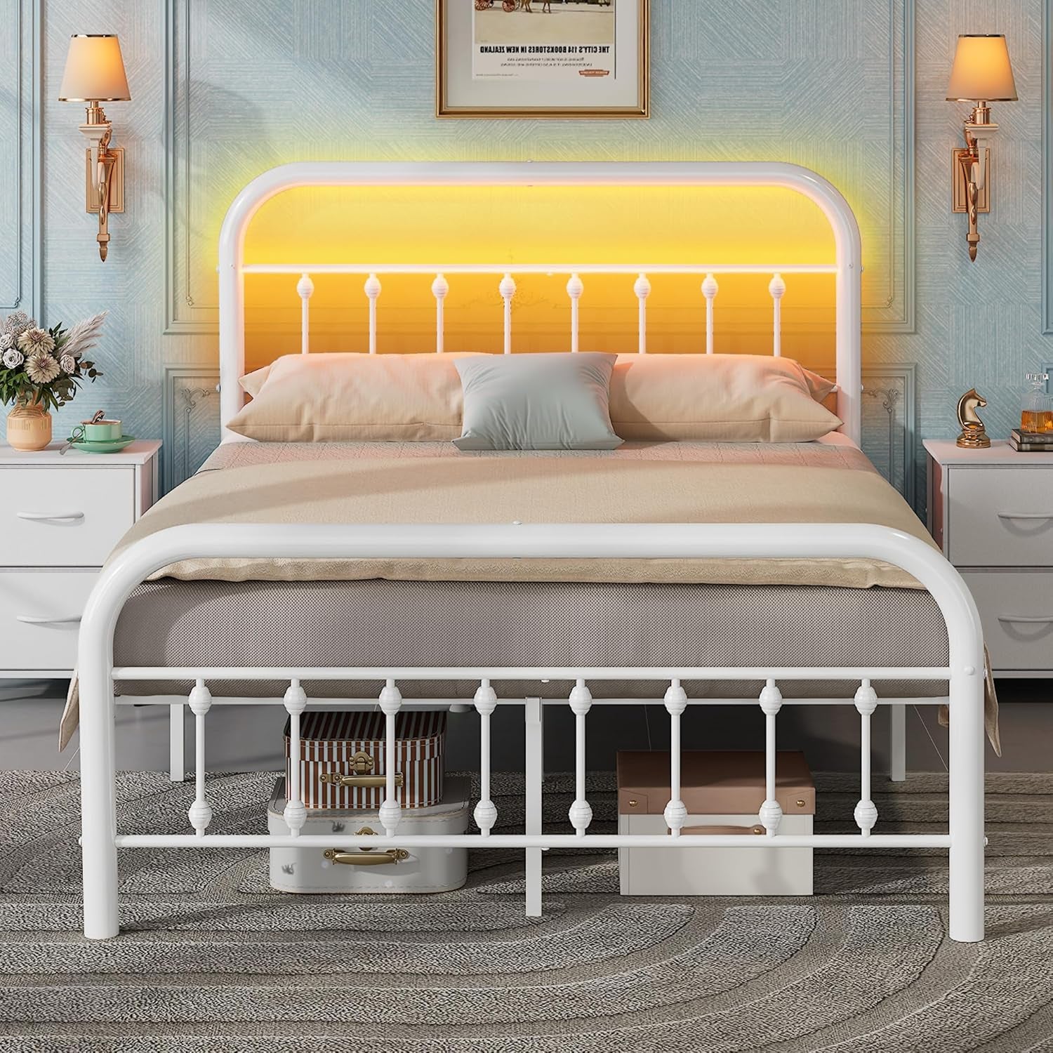 Full Size Bed Frame, Full Bed Frame with LED Lights and Charging Station, Metal Bed Frames with Headboard,No Box Spring Required,Easy Assembly, White