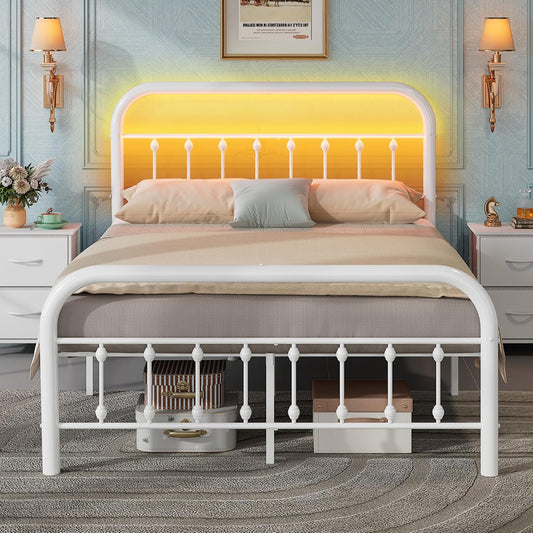 Full Size Bed Frame, Full Bed Frame with LED Lights and Charging Station, Metal Bed Frames with Headboard,No Box Spring Required,Easy Assembly, White