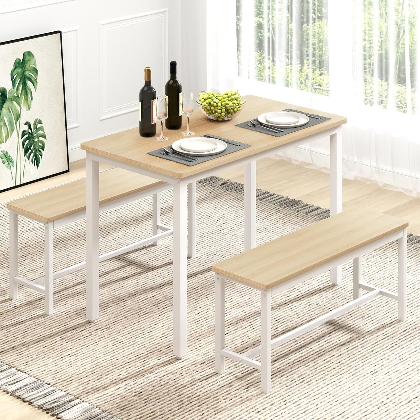43" Dining Room Table Chairs Set for 4, Modern Space Saving Kitchen Table with 2 Benches & Adjustable Feet Breakfast Table, Wooden Industrial Style Farmhouse, White