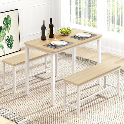 43" Dining Room Table Chairs Set for 4, Modern Space Saving Kitchen Table with 2 Benches & Adjustable Feet Breakfast Table, Wooden Industrial Style Farmhouse, White