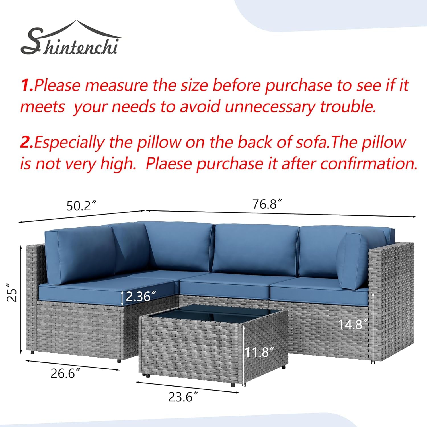 5 Pieces Outdoor Patio Furniture Sets, Patio Sectional Sofa Couch, Gray PE Wicker Furniture Modular Patio Conversation Sets Patio Sofa with Washable Cushions & Table（Aegean Blue）