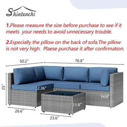 5 Pieces Outdoor Patio Furniture Sets, Patio Sectional Sofa Couch, Gray PE Wicker Furniture Modular Patio Conversation Sets Patio Sofa with Washable Cushions & Table（Aegean Blue）