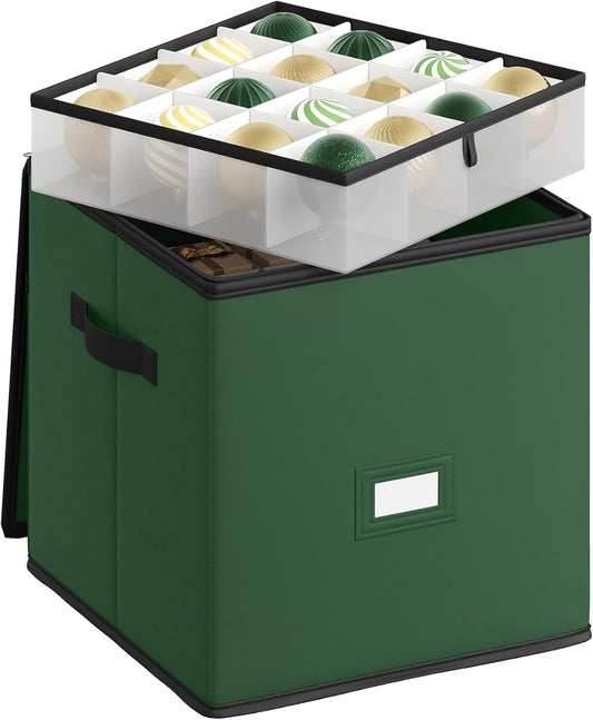Christmas Ornament Storage Box, Dual Zippers, Stackable Christmas Storage Container with Lid, 4 Trays, 600D Oxford, 3-Inch 64 Slots, Forest Green URFB034C01