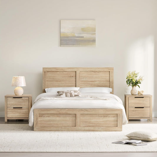 3 Pieces Bedroom Set, Queen Size Wood Platform Bed Frame and 2 Nightstands, Storage Nightstand with Type-C Charging Port, Farmhouse Bedroom Furniture Set