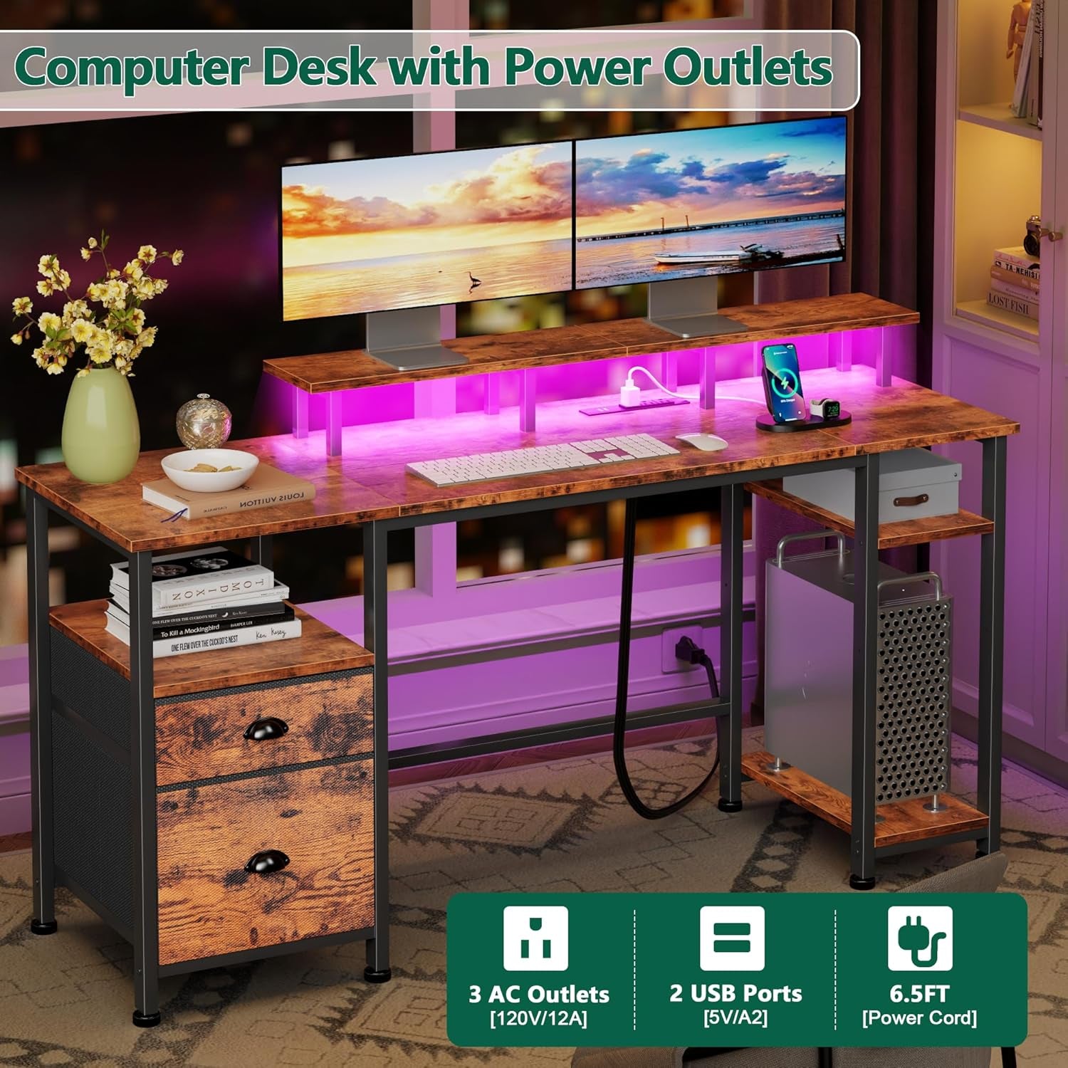 51" Computer Desk with Power Outlet and LED Lights, Reversible Home Office Desk with File Cabinet & Monitor Stand, Large Gaming Table with Storage Shelves & Drawer, Rustic Brown