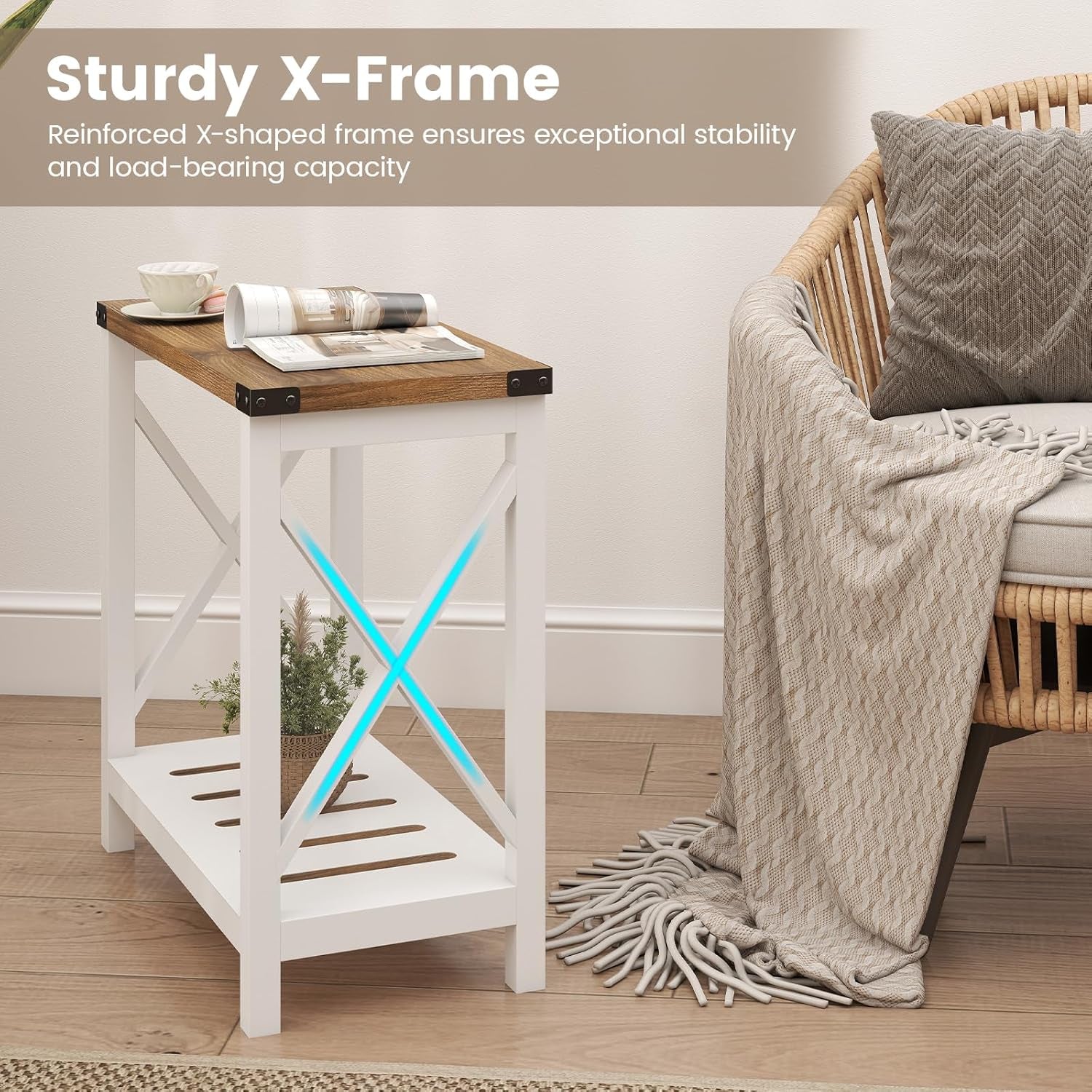 Farmhouse Side Table with Storage Shelf, Narrow Bedside Table for Small Space, Slim End Table, Rustic X-Design Nightstand for Living Room, Bedroom, White & Brown