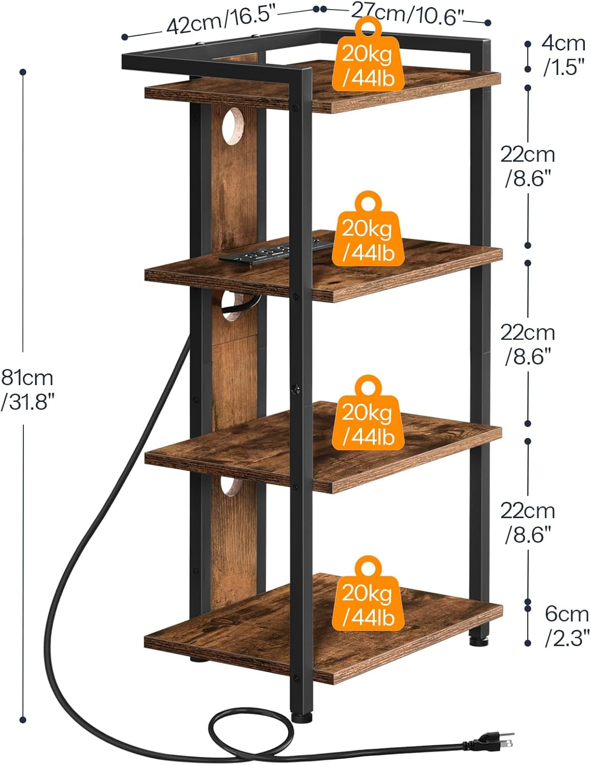 4-Tier AV Media Stand, Media Console with Charging Station and LED Light, Wooden Stereo Cabinet, Corner TV Stand, Record Player, Entertainment Device Stand, Rustic Brown and Black BF38UDCJ01