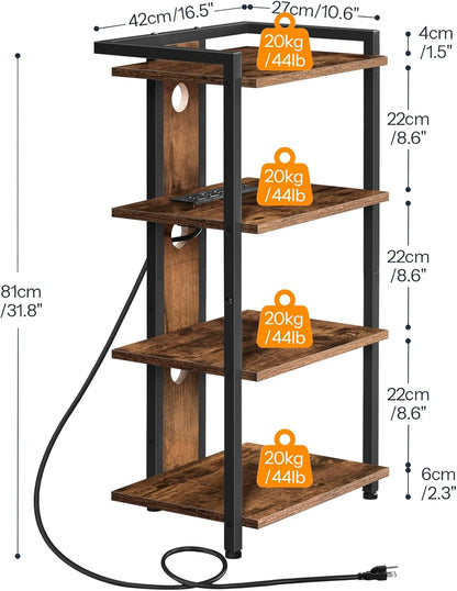 4-Tier AV Media Stand, Media Console with Charging Station and LED Light, Wooden Stereo Cabinet, Corner TV Stand, Record Player, Entertainment Device Stand, Rustic Brown and Black BF38UDCJ01