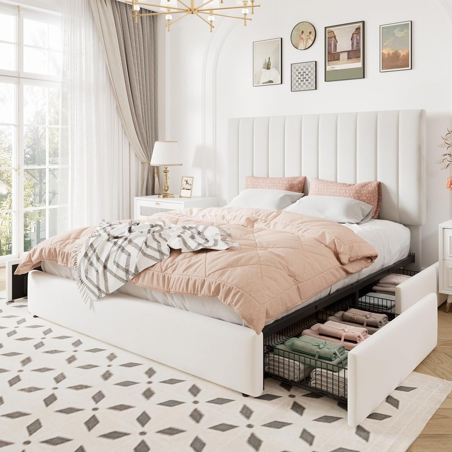 Full Size Storage Bed Frame, Vertical Channel Tufted Adjustable Headboard, Velvet Upholstered Platform Bed with 4 Oversized Underbed Drawers, Wooden Slats Support, No Box Spring Needed, White