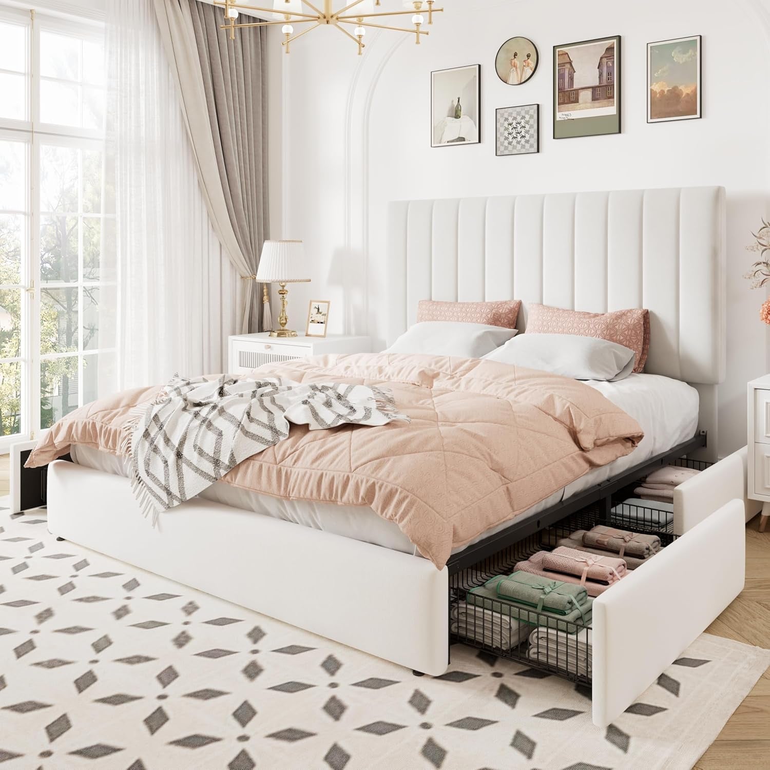 Full Size Storage Bed Frame, Vertical Channel Tufted Adjustable Headboard, Velvet Upholstered Platform Bed with 4 Oversized Underbed Drawers, Wooden Slats Support, No Box Spring Needed, White