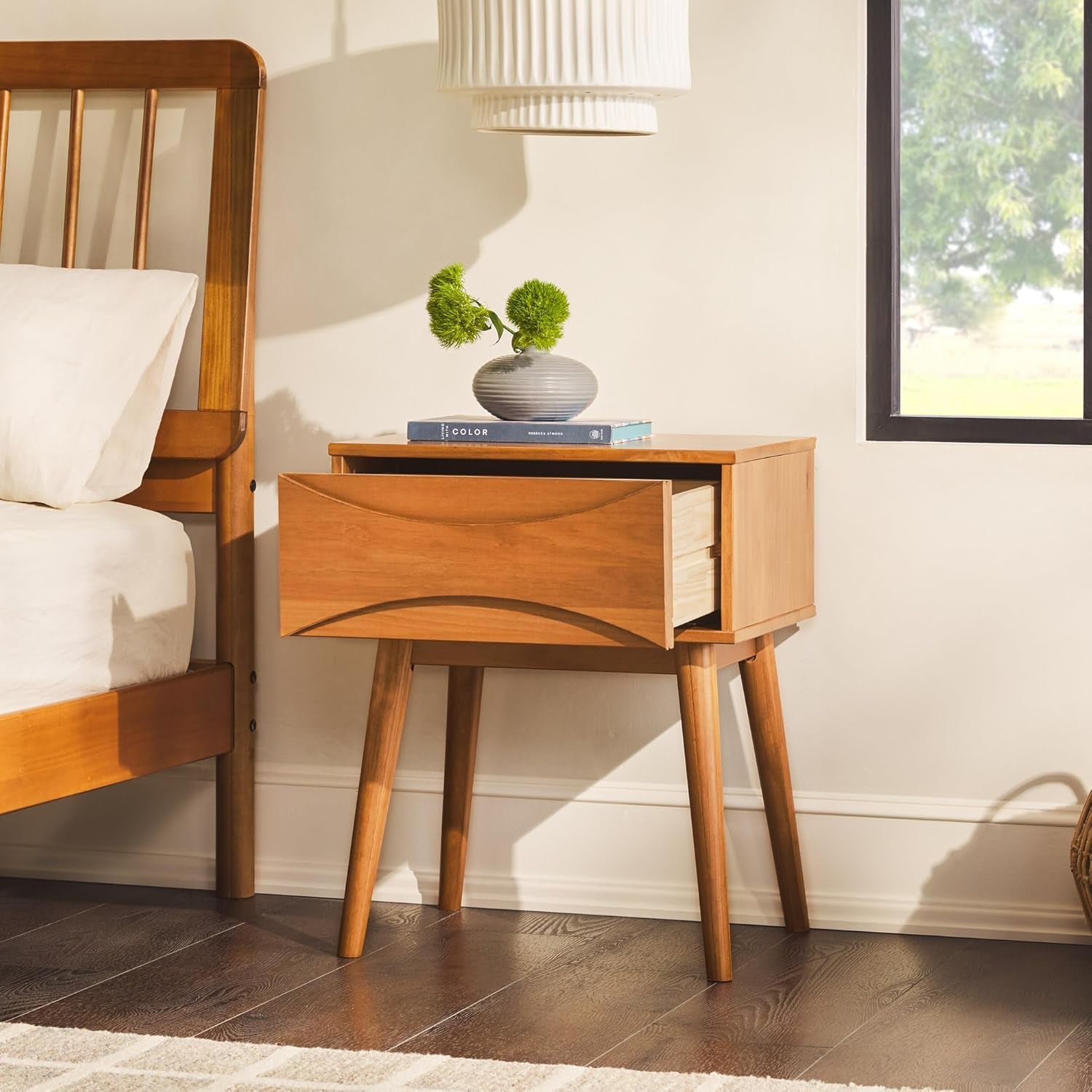 Atticus Solid Wood Retro 1-Drawer Nightstand, 25 Inch, Caramel