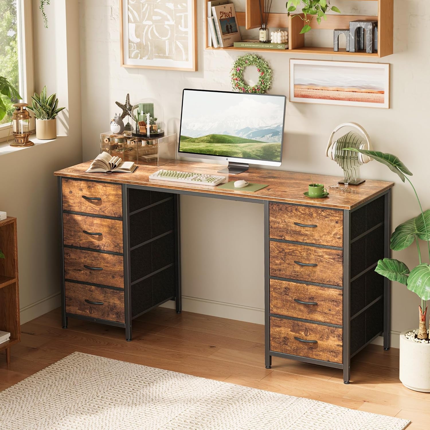 55 Inch Computer Desk with 8 Fabric Drawers, Office Desk Work Desk for Home Office, Study, Gaming Desk with Drawers, Large Storage, Rustic Brown