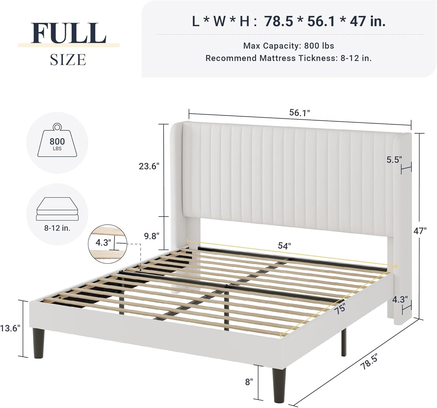 Full Size Velvet Bed Frame/Vertical Channel Tufted Wingback Headboard/Upholstered Platform Bed/Strong Wooden Slats/No Box Spring Needed/Easy Assembly/White