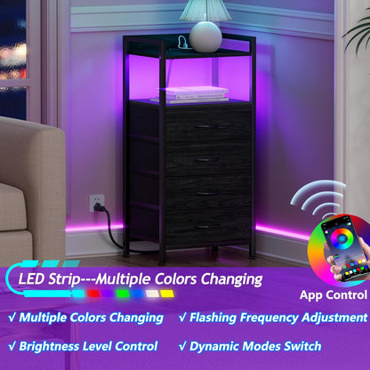 Night Stand with Charging Station, Black Nightstand with Drawers and Led Light, Tall Dresser for Bedroom, Bedside Table with Fabric Storage Bins, Metal Frame, Wood Furniture
