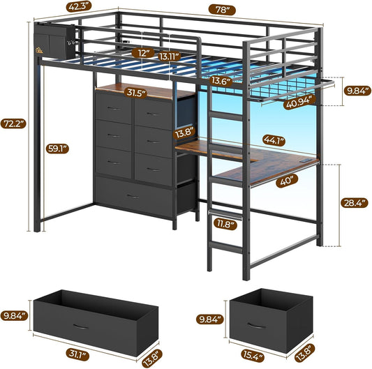 Twin Loft Bed with L-Shaped Desk and 7 Storage Drawers,Metal Twin Size Loft Bed for Kids with LED Lights and Charging Station,13.11" H Safety Guardrail and Ladder,No Box Spring Needed, Black