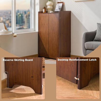 Bamboo Folding Desk with Storage Shelves, Space Saving Mid Century Modern Bookcase with Drop down Table, Hide Away Desk for Home Bedroom Study Office