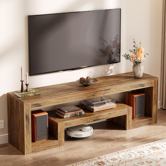 63-Inch TV Stand for 55/60/65/75-Inch Tvs, Farmhouse Entertainment Center with Open Storage Shelves, Rustic Brown Television Console for Living Room, Bedroom
