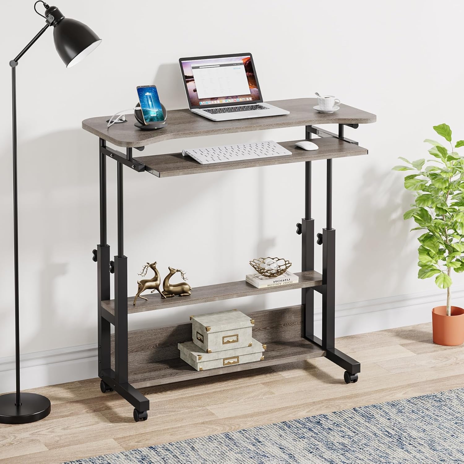 Portable Desk with Power Outlets, Height Adjustable Side Table Sofa Couch Bedside Laptop Computer Cart with USB Charging Ports, Mobile Small Standing Desk with Keyboard Tray