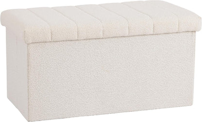 Cushioned Fabric Ottoman Hidden Storage Chest Footrest Chair, Padded Seat for Bedroom, Dorm, Loft, Living Room, Entryway, Hallway, White Boucle, 30" Bench