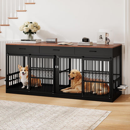 78.7" Extra Large Dog Crate Furniture, Double Dog Kennel with 3 Storage Drawers for 1 or 2 Dogs Heavy Duty Dog Cage as TV Stand with Removable Divider&360°Rotating Steel Bowls for Large Dogs