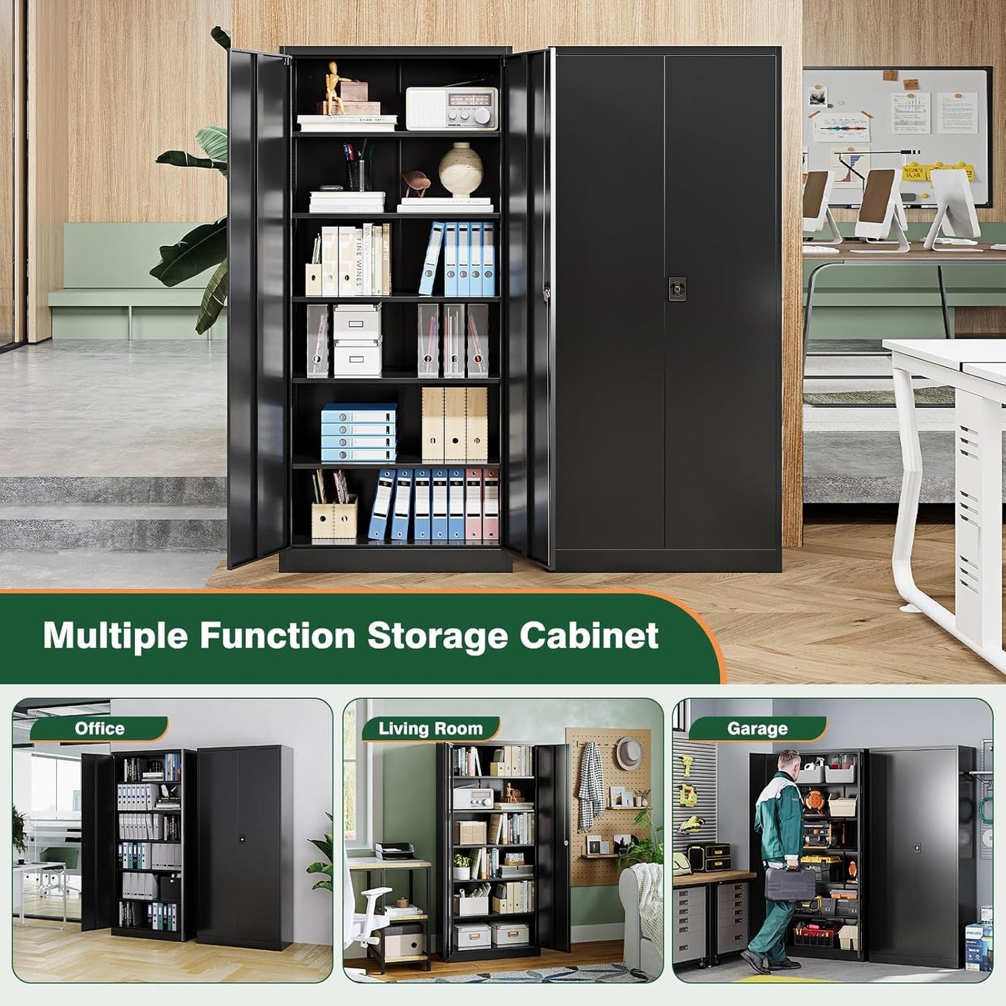 Metal Garage Storage Cabinets with Lock Door and Adjustable Shelves, Steel Tool Cabinets for Home,Office,Warehouse Organisieren (Black)