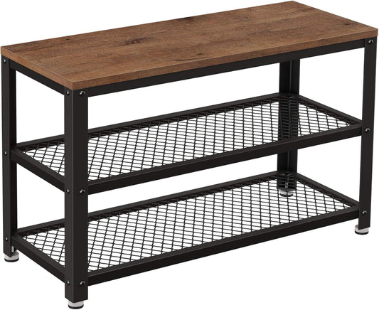 , 3-Tier Shoe Rack, Shelf Storage Bench with Metal Mesh Shelves and Seat, Free Standing Shoe Organizer for Entryway, 11.8 X 28.7 X 17.7 Inches, Hazelnut Brown and Black ULBS073B03