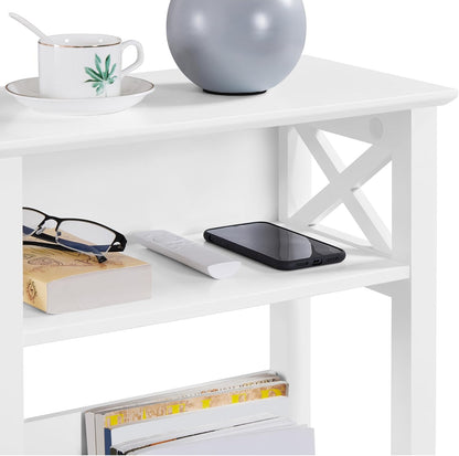 Small Side Table with Storage Shelf, 3-Tier Slim X Shaped End Table with Magazine Rack, Living Room Home Office Balcony Small Spaces, Effortless Assembly, White
