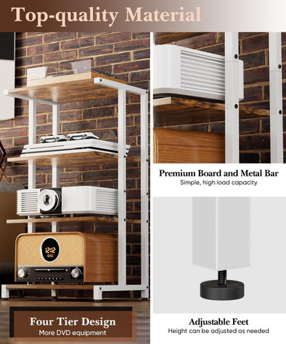 4-Tier Media Storage Stand, Audio Media Rack for Living Room, Gaming Room, Music Studio, Wooden Game Console Shelf for TV Accessories/Audiovisual Equipment/Optical Disc/Ps4, White