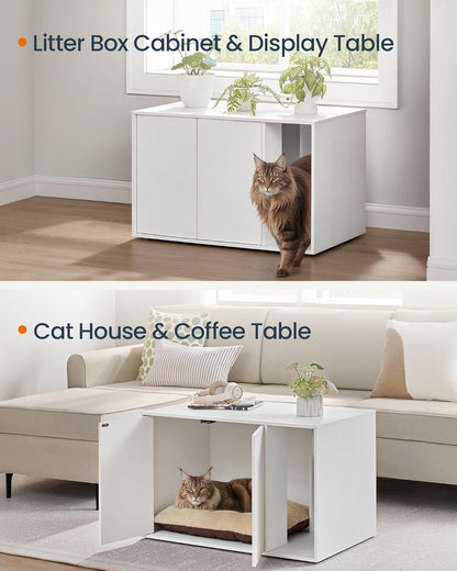 Cat Litter Box Enclosure, Superfast Toolless Assembly, Litter Box Furniture for Large Cats, Display Side Table, Push-To-Open Doors, Minimalist Modern, Snow White UPCL013W01