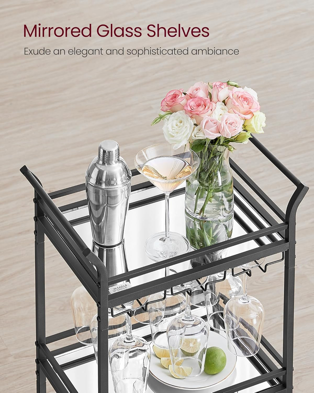 Bar Cart, Home Bar Serving Cart, Small Bar Serving Cart with 3-Tier Shelf, Wine Holders, Glass Holders, Mini Bar Cart for Small Spaces, Kitchen, Dining Room, Living Room, Ink Black
